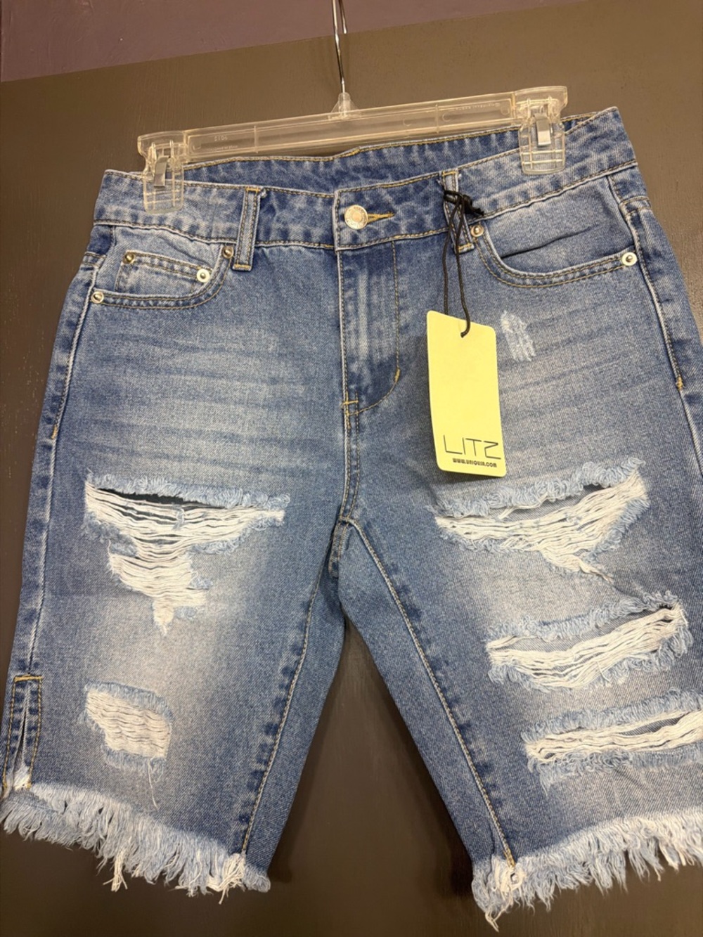 Distressed Mid-Rise Blue Denim Jean Shorts